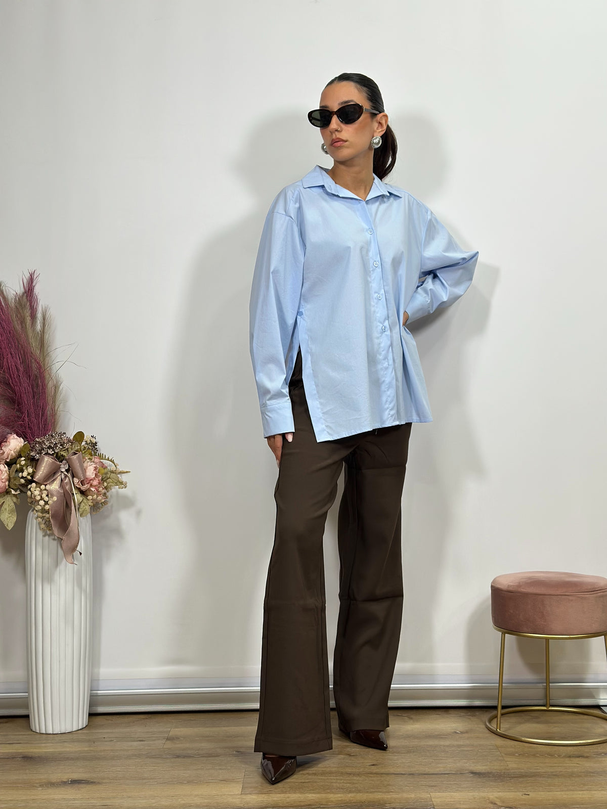 Camicia Over in cotone celeste TWOWAY Lina
